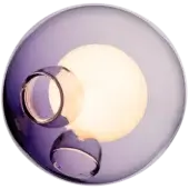 Bocci 28 pendant light, purple glass sphere with chrome rings, gradient violet to lavender, diffused warm white light, olive green backdrop.